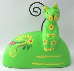 木彫りお座り子猫カード立て（アップルグリーン）【アジア雑貨の輸入・卸・販売★アジアンスタイルマオ】